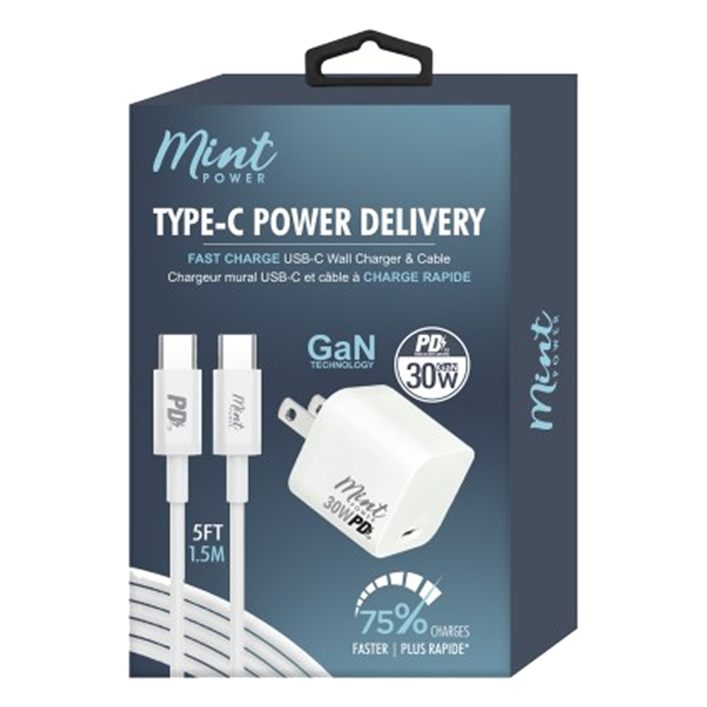 30W GaN USB-C Power Delivery Wall Charger & Cable Kit - White