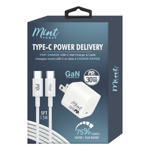 30W GaN USB-C Power Delivery Wall Charger & Cable Kit - White