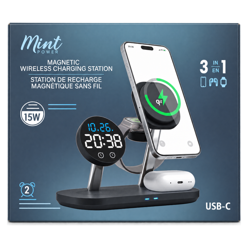 Mint 15W 3 in 1 Wireless Charging Station with Digital Alarm Clock, box
