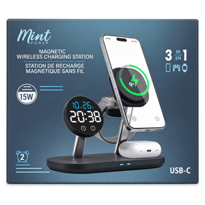 Mint 15W 3 in 1 Wireless Charging Station with Digital Alarm Clock, box