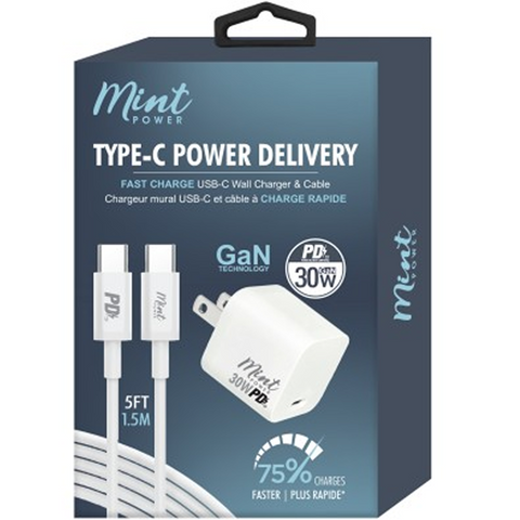 Kit chargeur mural USB-C Power Delivery 30W GaN et câble - Blanc