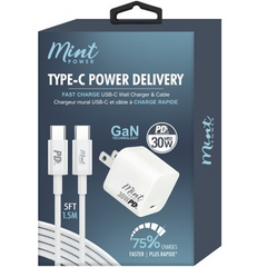 Chargeur mural USB-C Power Delivery 30W GaN et kit câble - Blanc