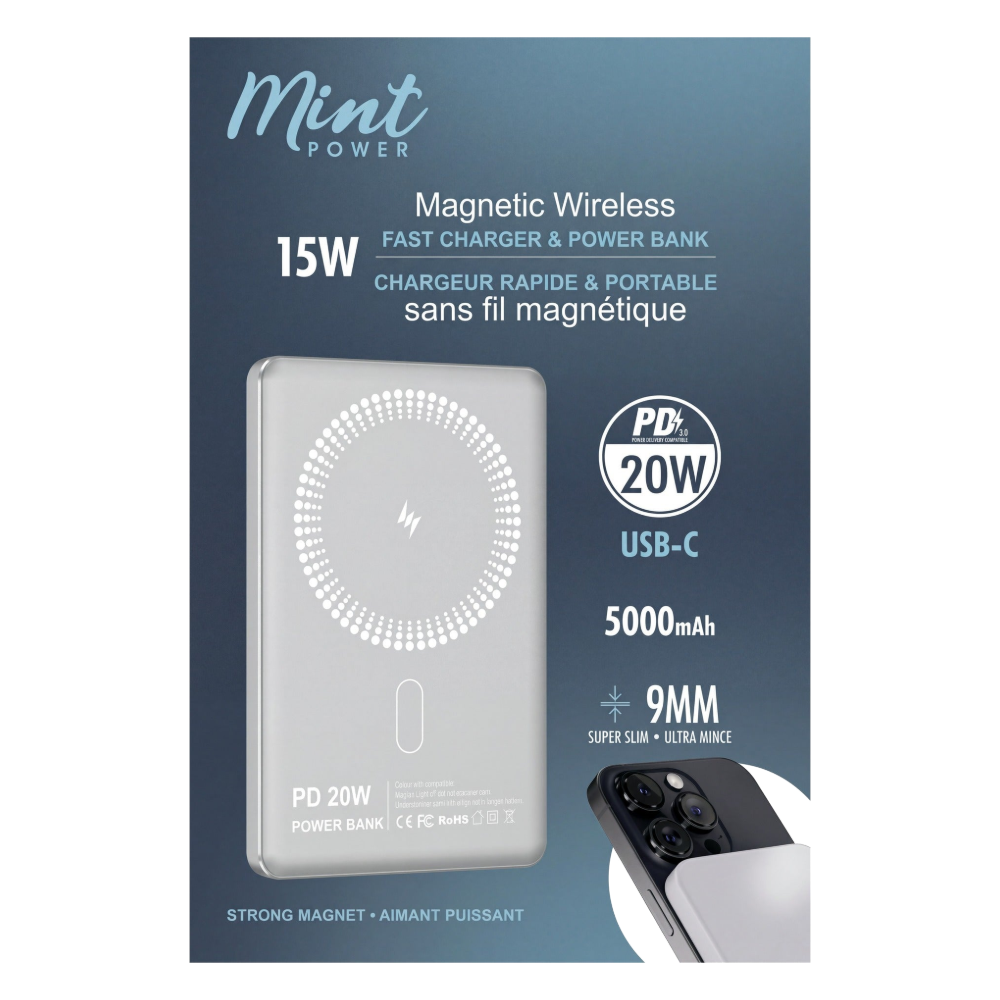 Mint 5000mAh Magnetic Wireless Power Bank with 20W USB-C PD