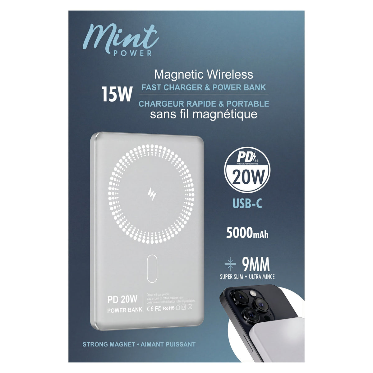 Mint 5000mAh Magnetic Wireless Power Bank with 20W USB-C PD