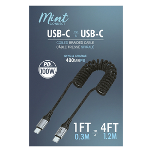 Mint 100W USB-C to USB-C Coiled Braided Cable 1 to 4 ft