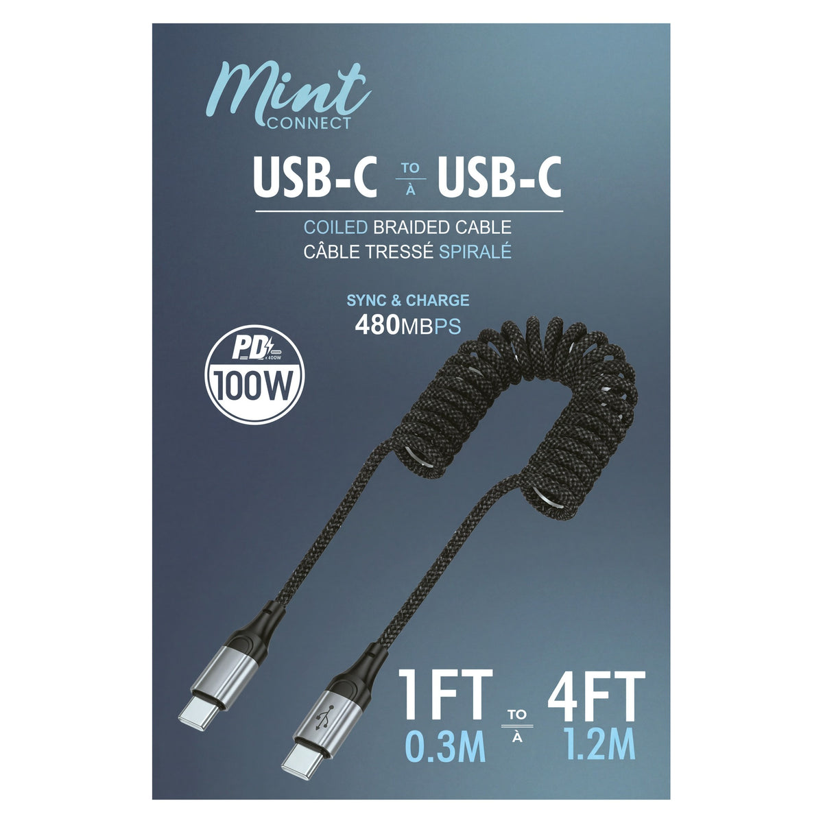Mint 100W USB-C to USB-C Coiled Braided Cable 1 to 4 ft
