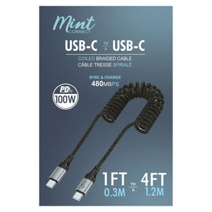 Mint 100W USB-C to USB-C Coiled Braided Cable 1 to 4 ft