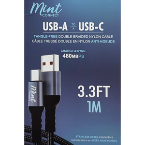 USB-A to USB-C Tangle Free Double Braided Nylon Cable 3.3ft