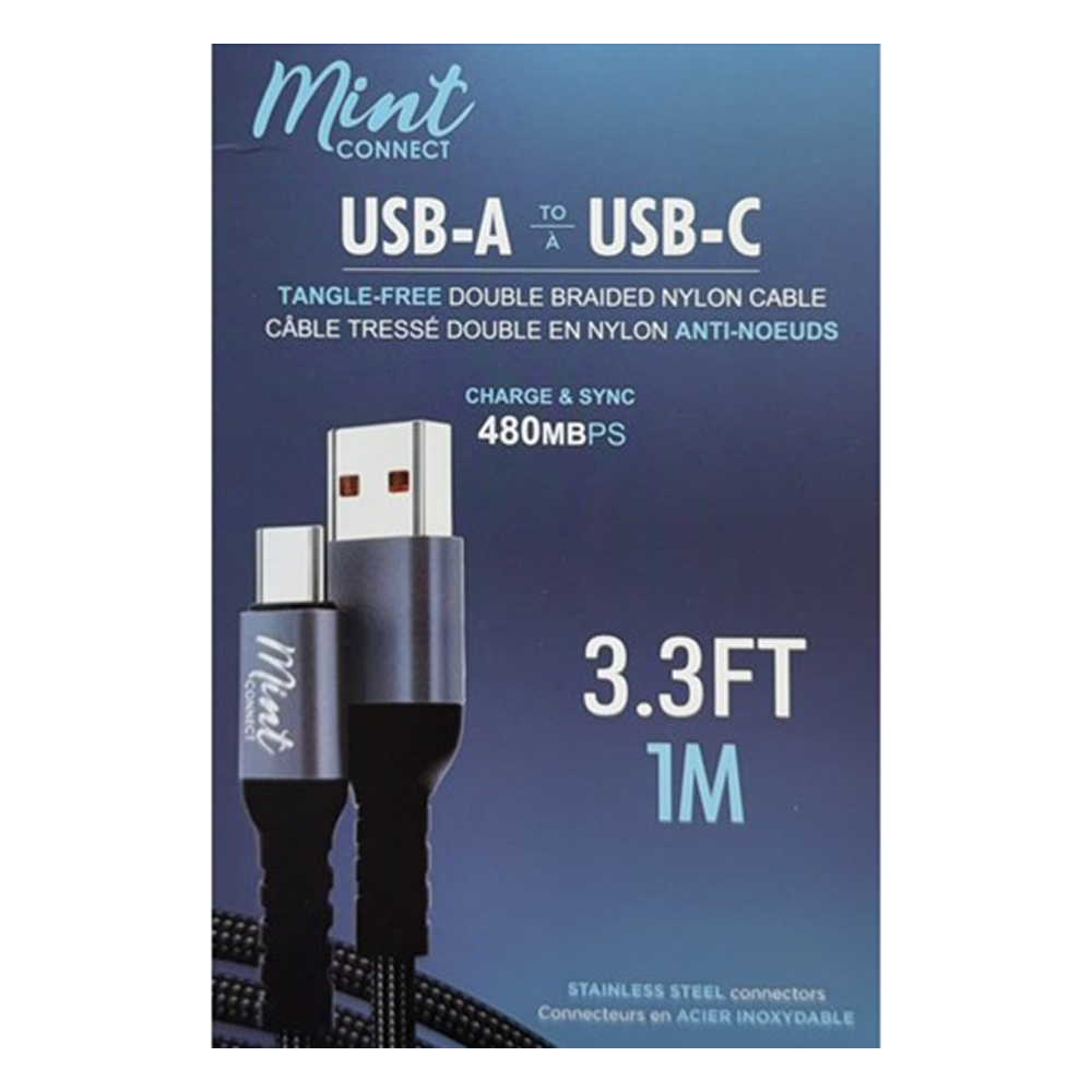 USB-A to USB-C Tangle Free Double Braided Nylon Cable 3.3ft