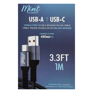 USB-A to USB-C Tangle Free Double Braided Nylon Cable 3.3ft